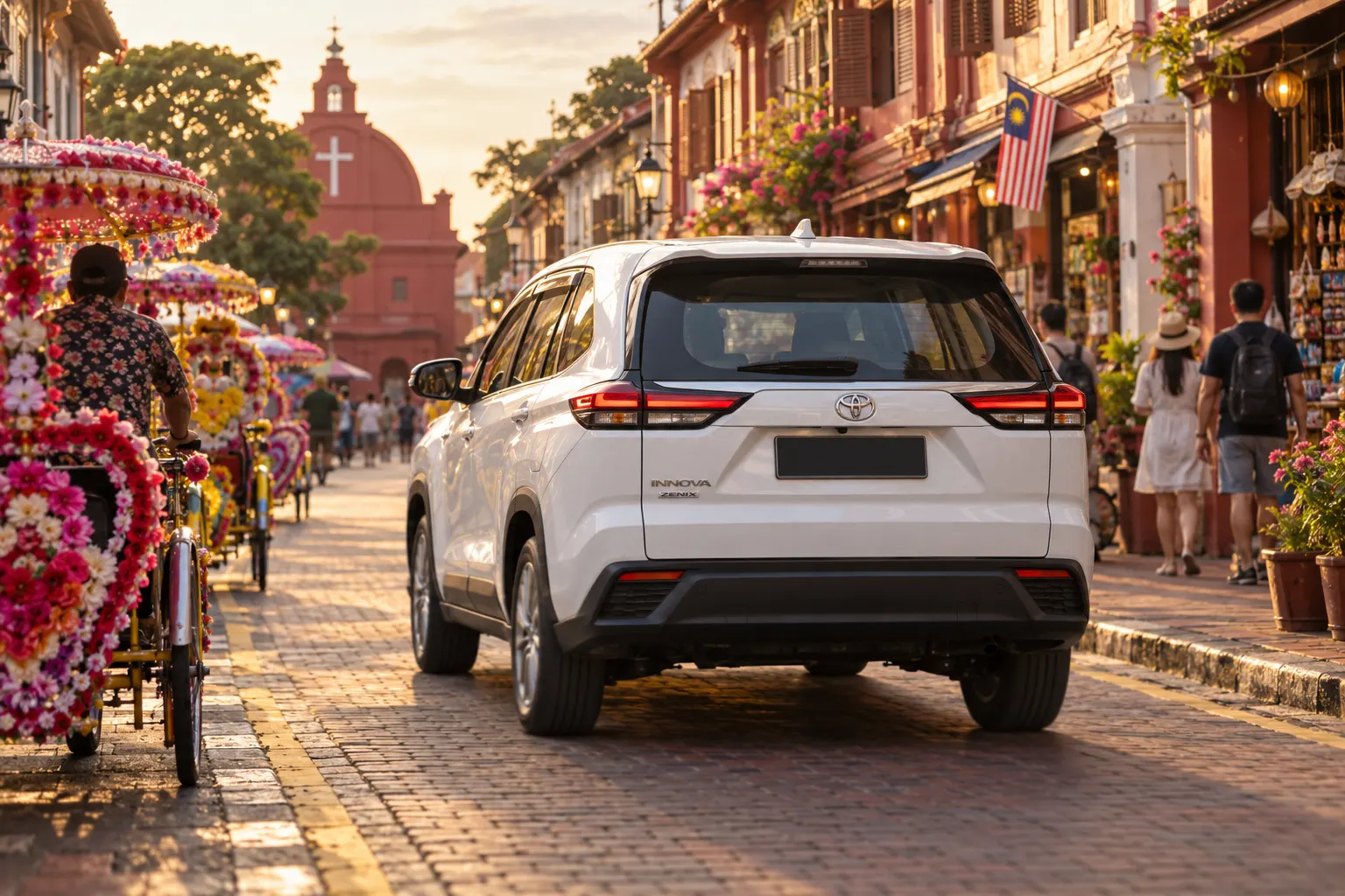 Toyota Innova Zenix driving down a heritage street past flower trishaws, one of the classic things to do in Melaka