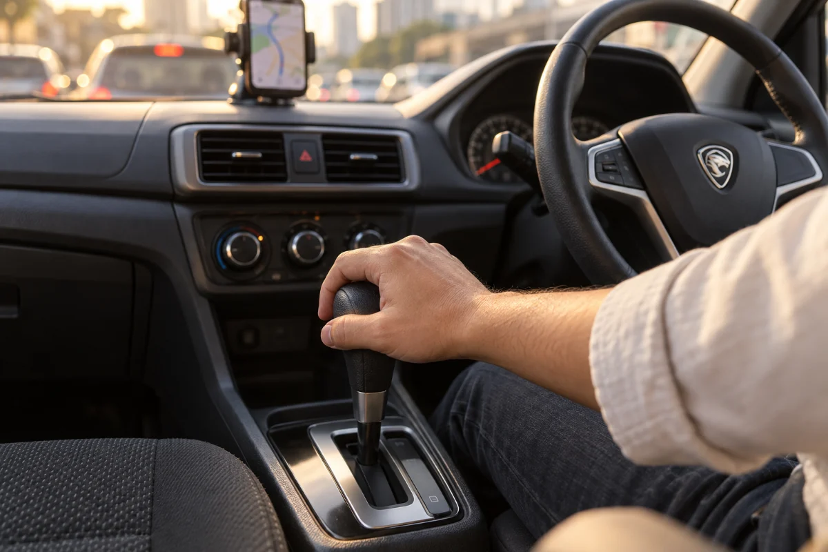Driver's left hand on the automatic gear selector and right hand on the steering wheel of a right-hand-drive Proton Saga in slow Kuala Lumpur traffic