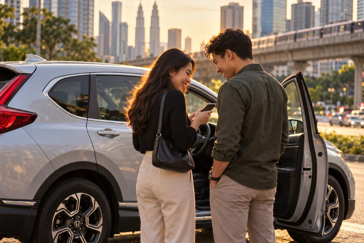 Couple laughing beside a parked Honda CR-V at a Kuala Lumpur city pick-up point at golden hour before a rental car hand-over