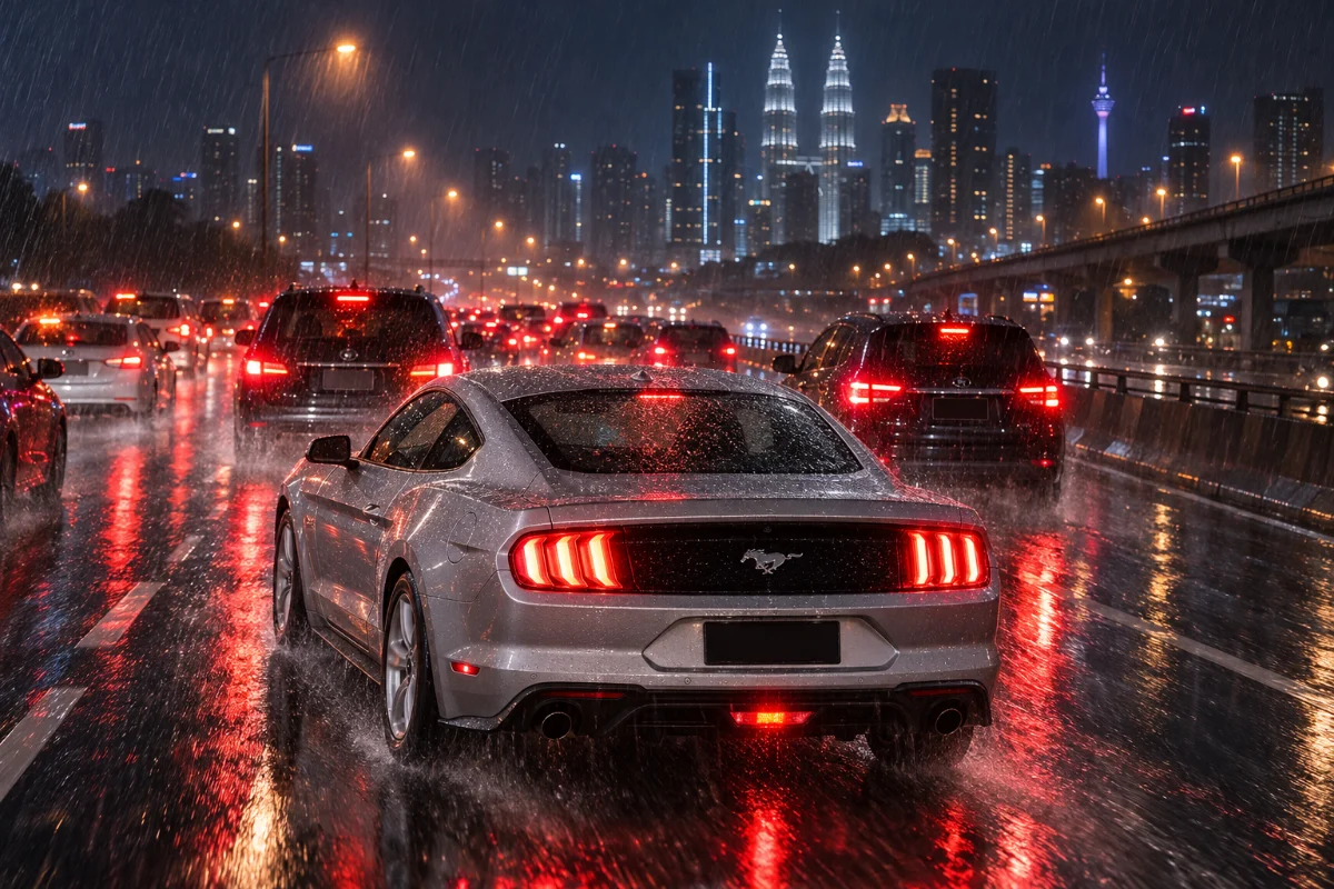 雨夜吉隆坡高速公路塞车中，从后方看到的银色 Ford Mustang EcoBoost