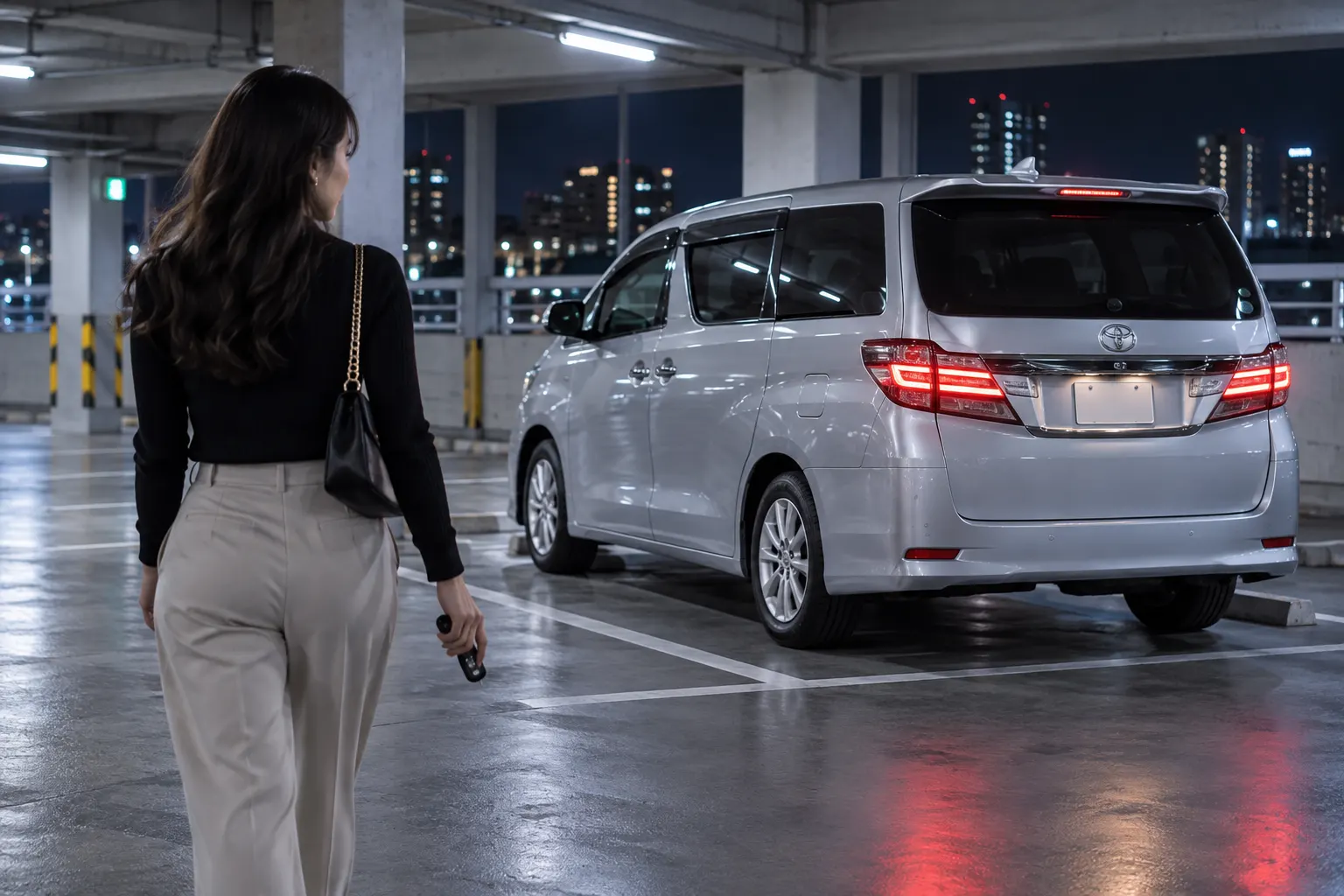 Woman walking to a Toyota Vellfire in a well-lit multi-storey car park at night — parking lot safety tips