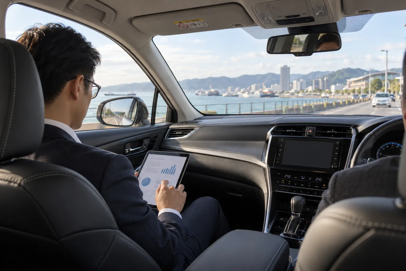Businessman reviewing documents in a Toyota Harrier along the Kota Kinabalu waterfront — kota kinabalu car rental