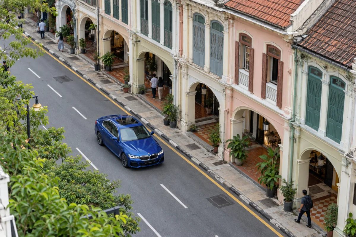 Aerial view of a blue BMW 530i driving along a heritage shophouse street in Kuala Lumpur