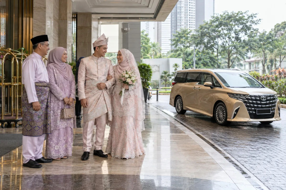 Bride and groom in pastel wedding outfits with family under a Kuala Lumpur hotel porch while a champagne Toyota Alphard waits at the kerb, a wedding car rental Malaysia moment