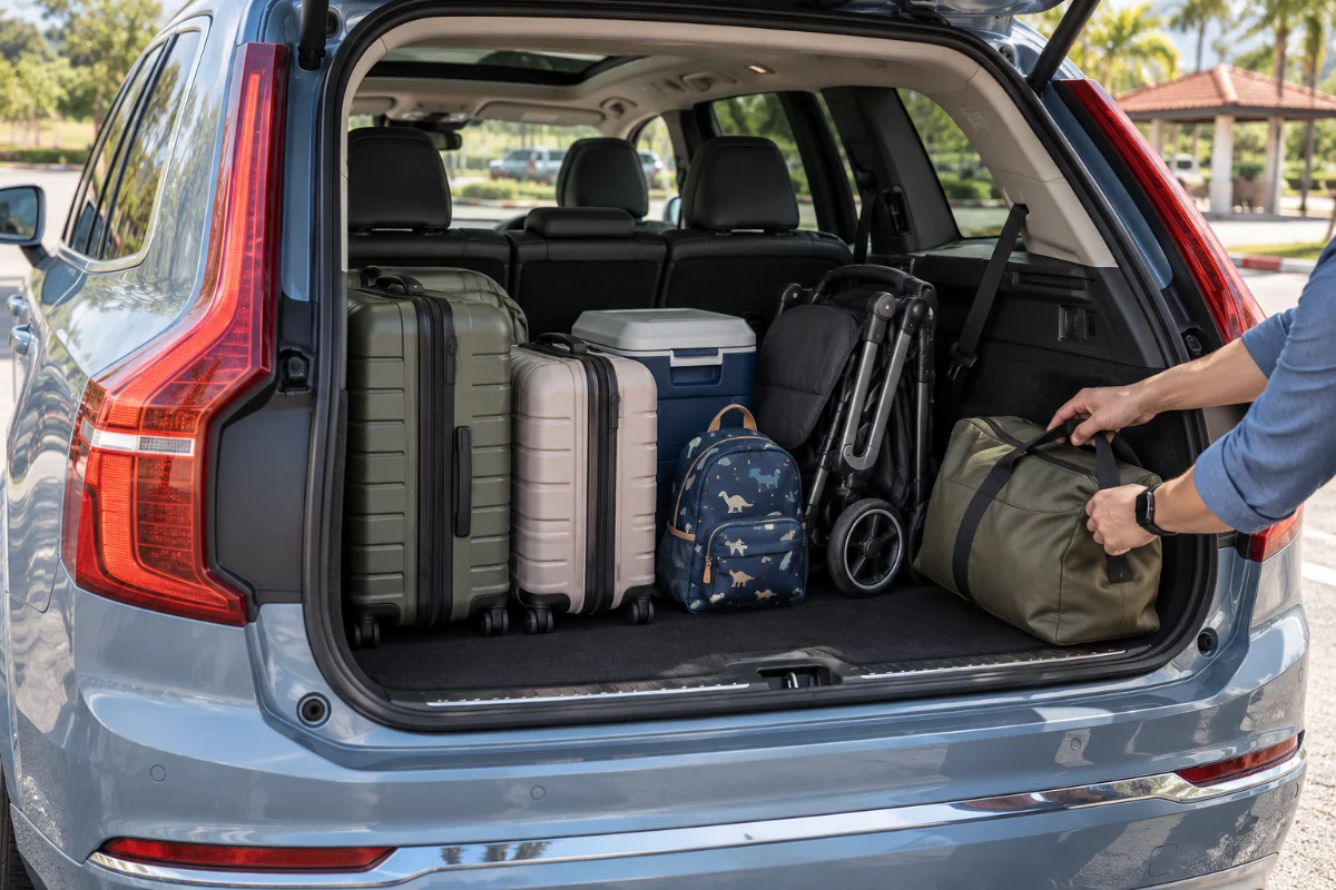 Open tailgate of a Volvo XC90 packed with family suitcases, a cool box and a folded stroller at a highway rest stop before a year-end school holiday trip