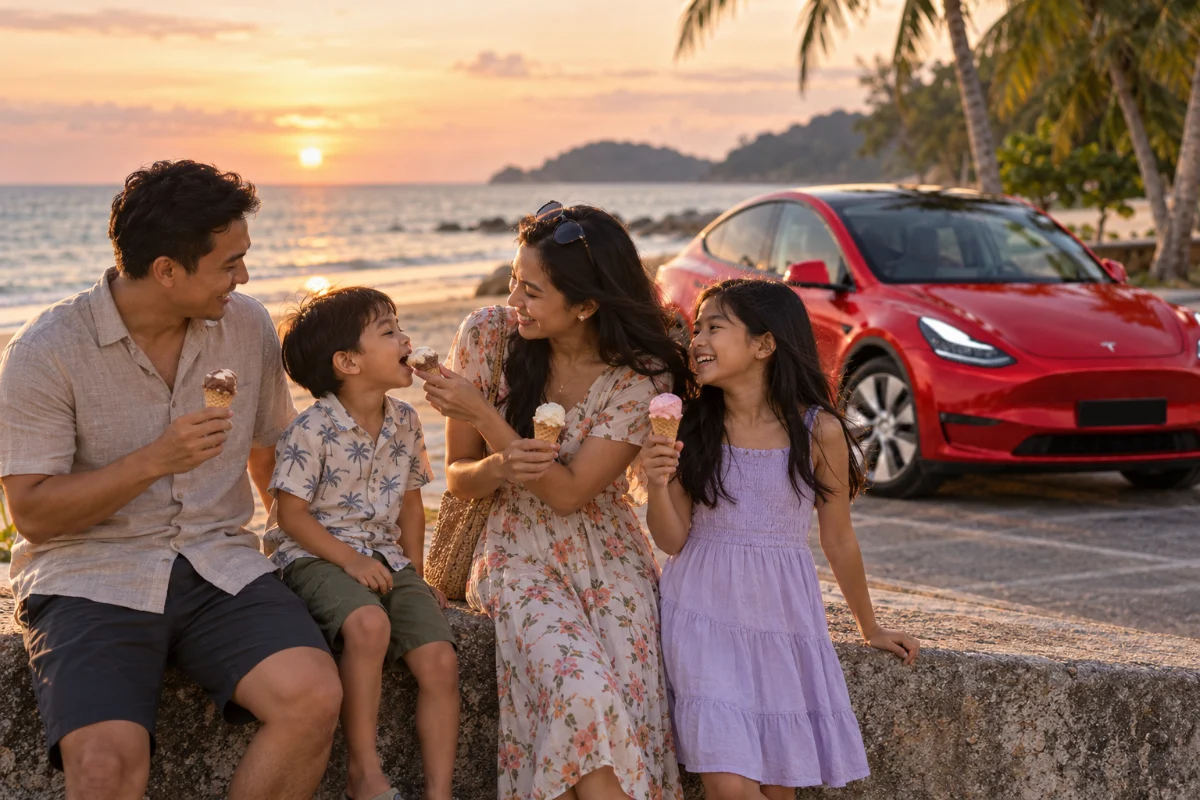 Malaysian family sharing ice cream on a beach car park at sunset with a red Tesla Model Y parked behind them during the school holidays
