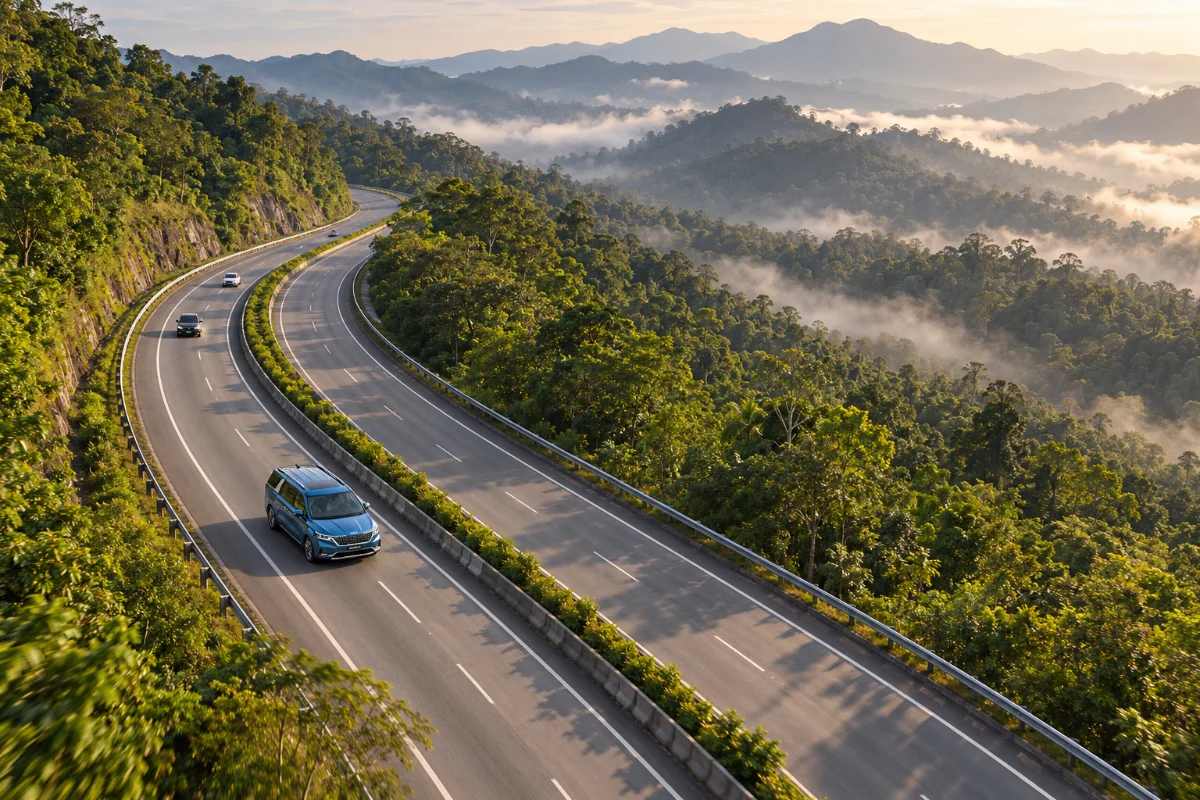 日出时分，蓝色 Kia Carnival 行驶在薄雾笼罩的山区高速公路上的航拍画面