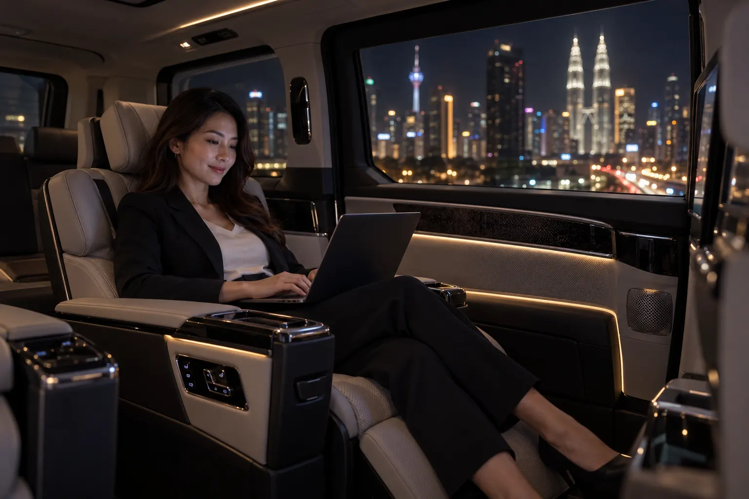 Businesswoman working in the rear captain seat of a Zeekr 009 with Kuala Lumpur lights outside — zeekr 009 rental malaysia
