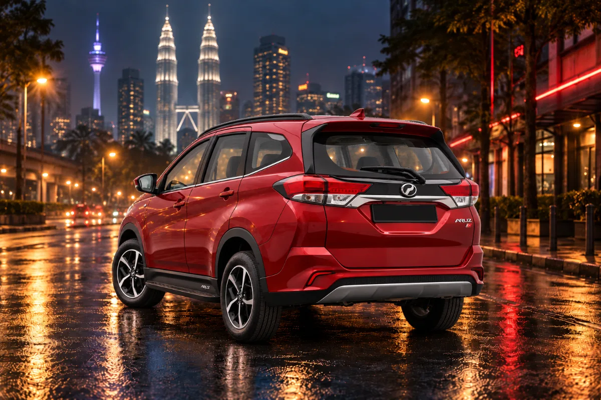 Perodua Aruz AV rental Kuala Lumpur, back view at night