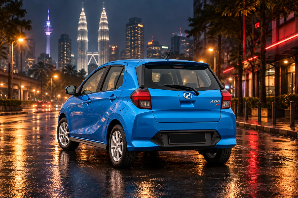 Perodua Axia AV rental Kuala Lumpur, back view at night