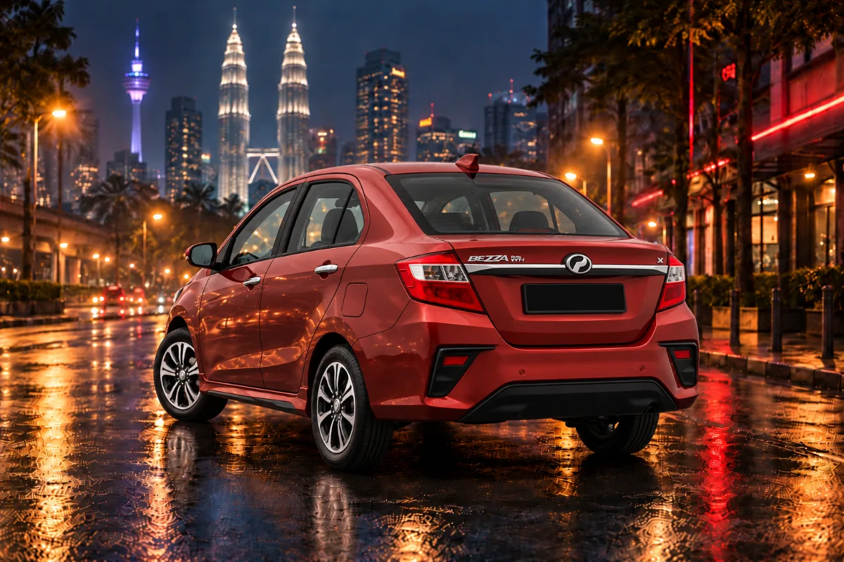 Sewa Perodua Bezza X Kuala Lumpur, pandangan belakang pada waktu malam