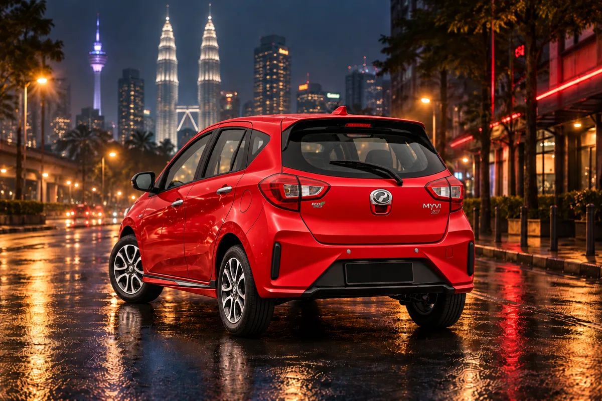 Perodua Myvi AV rental Kuala Lumpur, back view at night