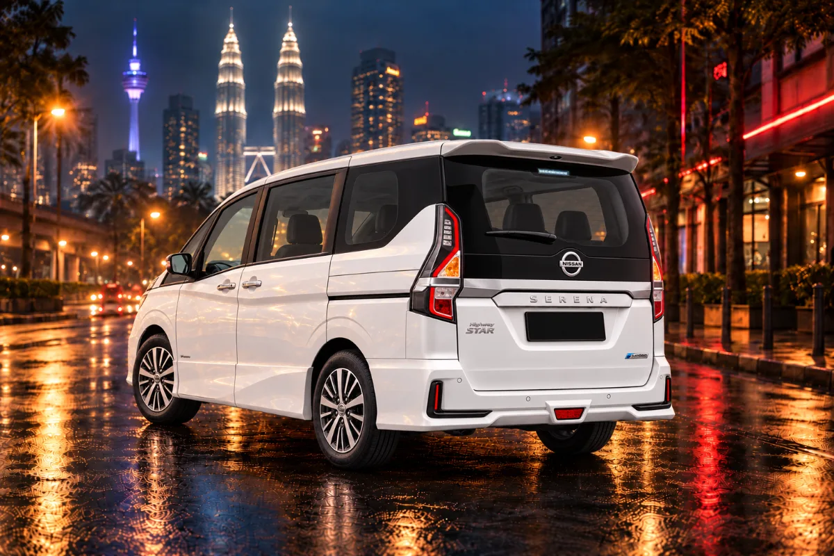 Nissan Serena S-Hybrid rental Kuala Lumpur, back view at night