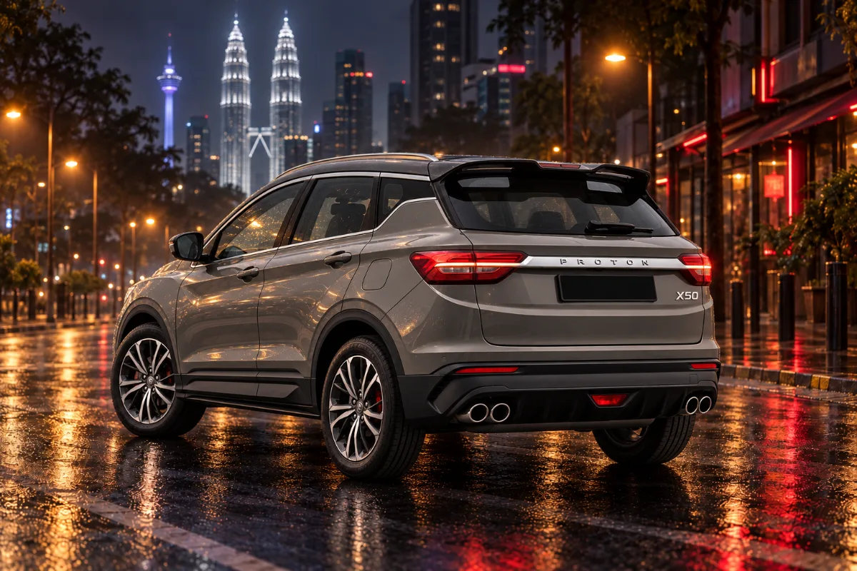 Proton X50 Premium rental Kuala Lumpur, back view at night