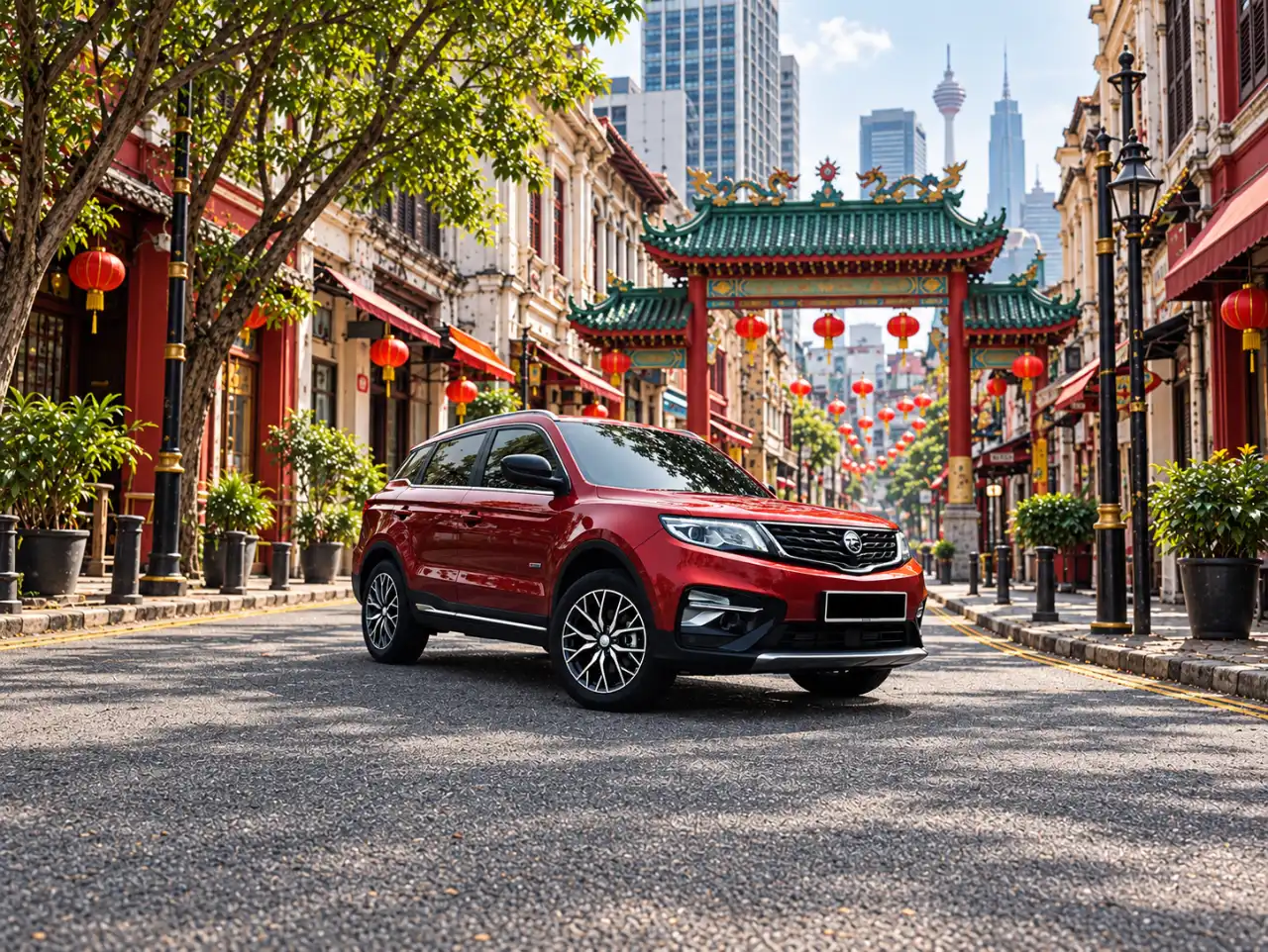 夜晚吉隆坡街头的红色 Proton X70 租车