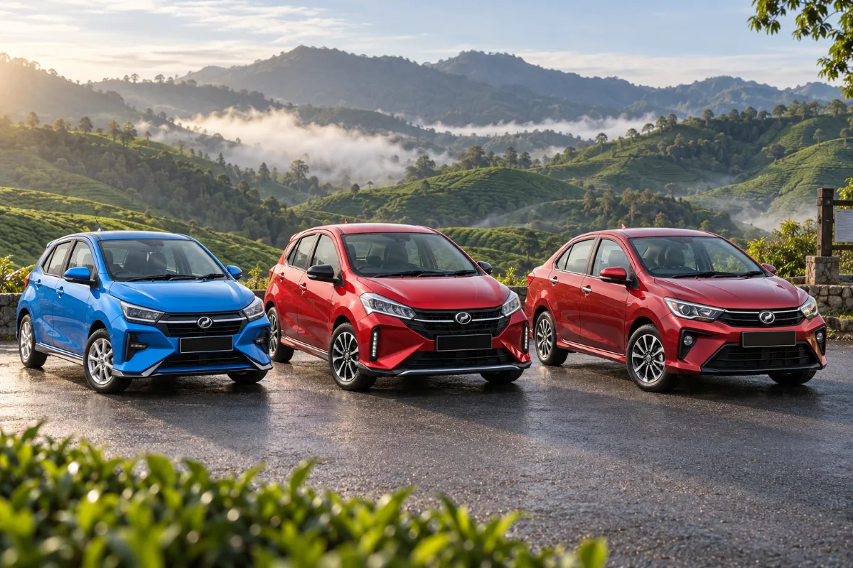 停在马来西亚金马伦高原的 Perodua Axia、Myvi 和 Bezza 经济型租车