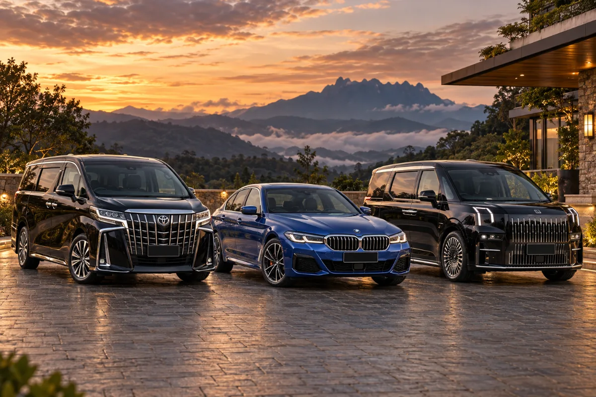 黄昏时分的 Toyota Alphard、BMW 530i 和 Zeekr 009 豪华租车，背后是神山
