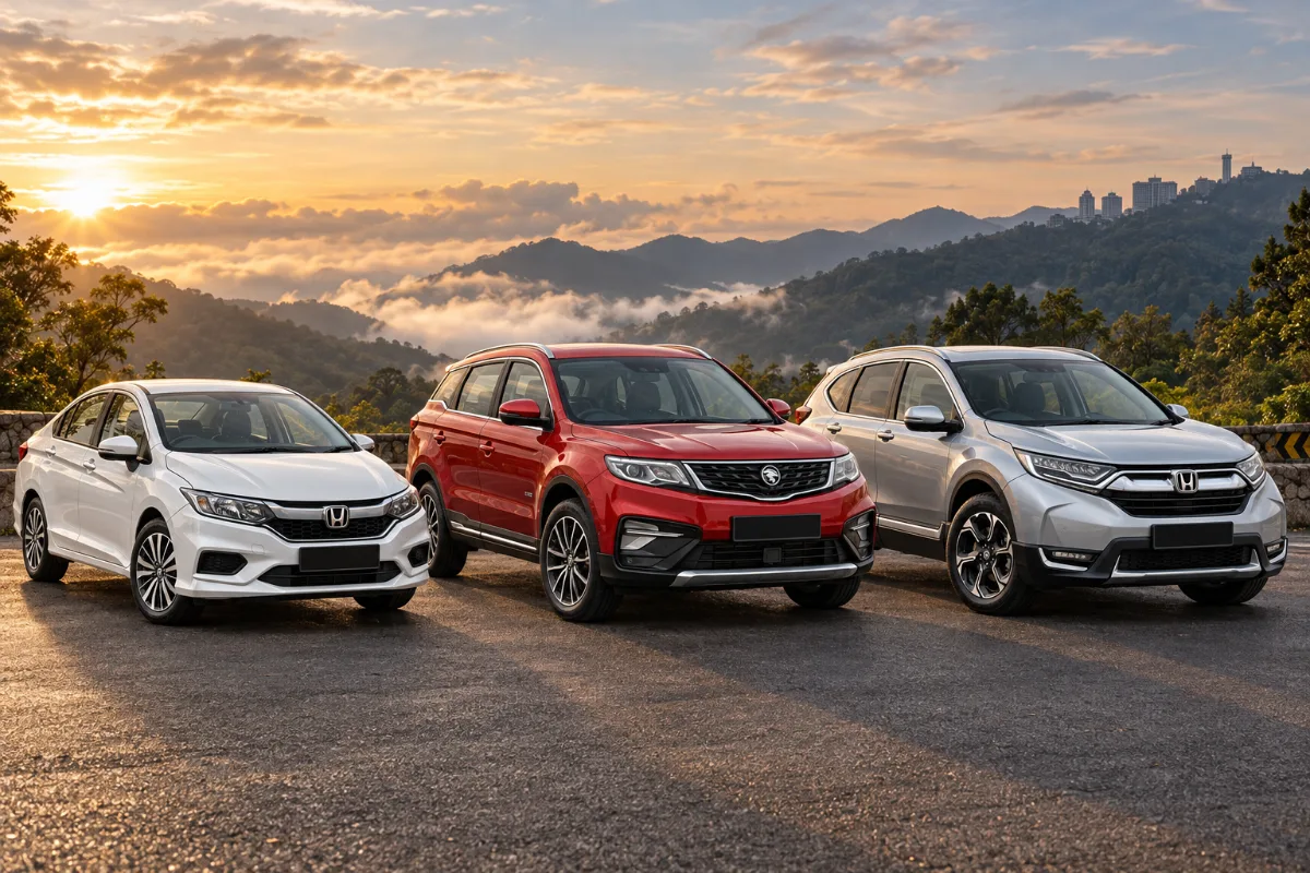 停在马来西亚云顶高原的 Honda City Hybrid、Proton X70 和 Honda CR-V 高级型租车